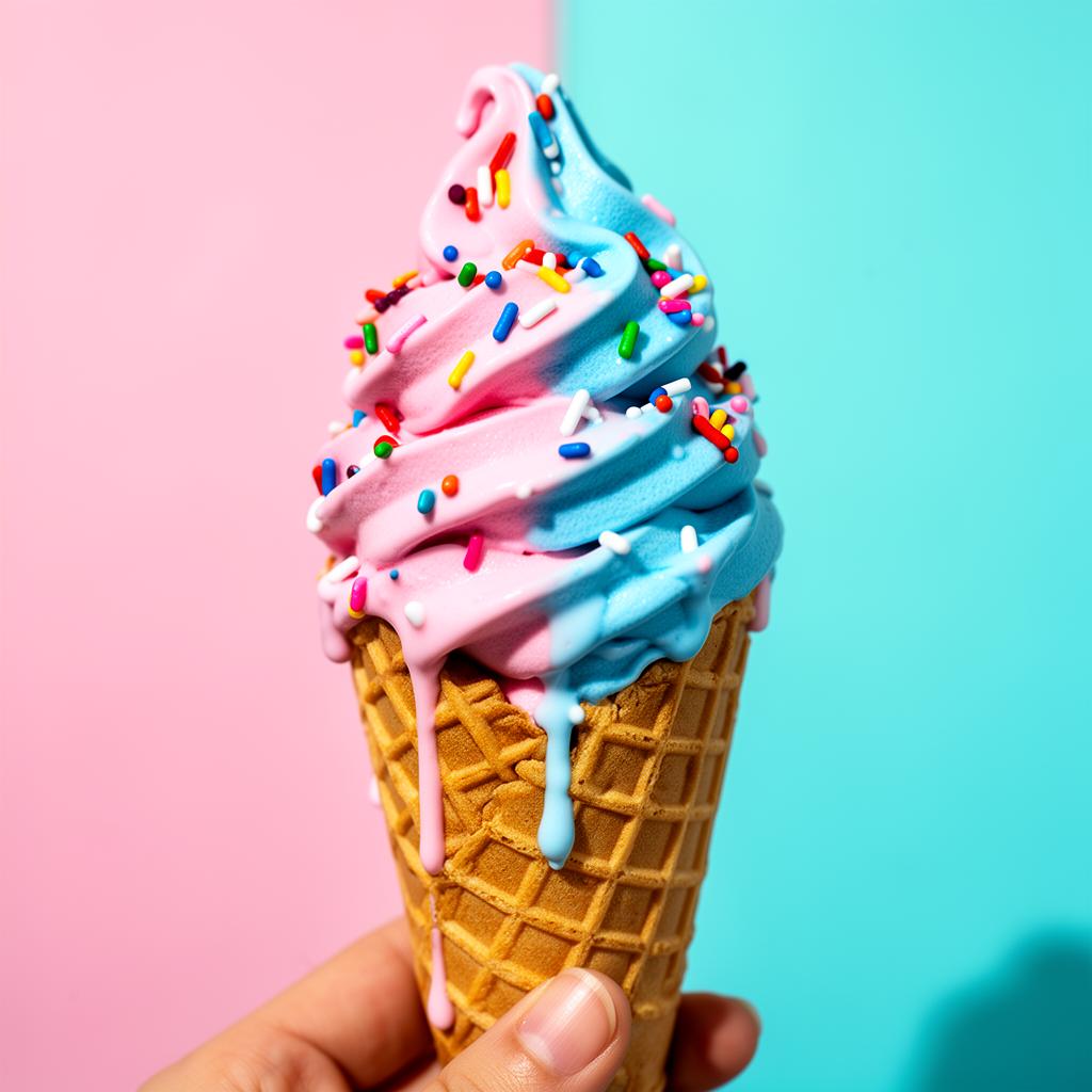 Pink and blue cotton candy ice cream cone dripping